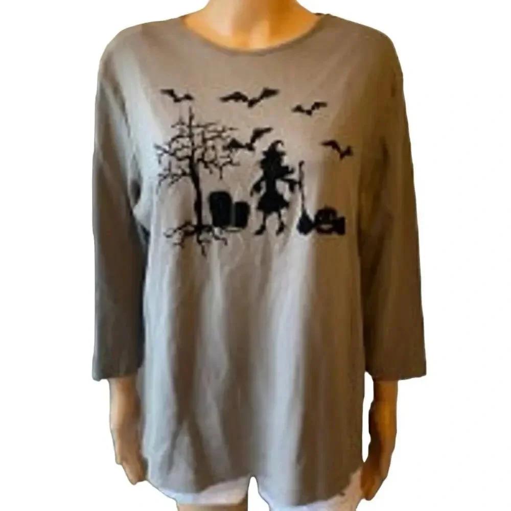 C. B Casual 100% Cotton Halloween Spirit Shirt Women size XL Gray Witch Goth